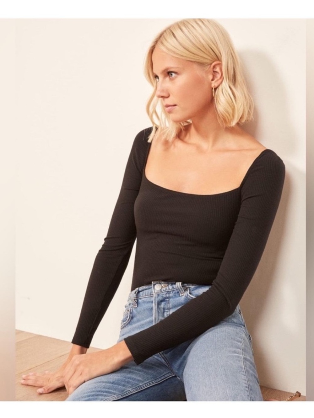Reformation Gaia Black Ribbed Long-Sleeve Square Neck Top